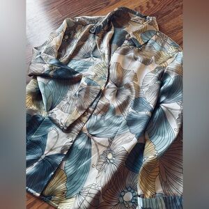 JAIPUR WOMENS BLOUSE Kimono Satin Blue Tan Floral Size XL